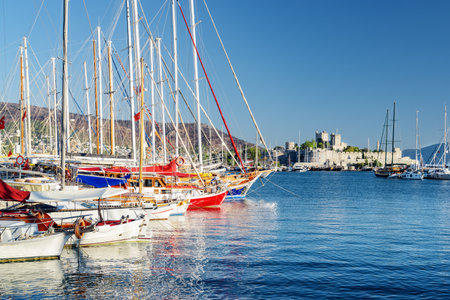 Scenic view of yachts moored in Milta Bodrum Marina. The port city is a popular tourist destination in the Turkish Riviera.の写真素材