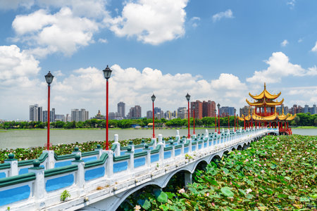 Awesome view of bridge leading to Wuliting at Lotus Lake in Kaohsiung, Taiwan. The traditional Chinese red pavilion with golden roof is a popular tourist attraction of Asia.の写真素材