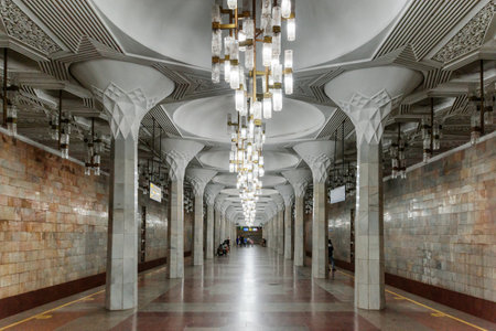 Awesome view of Mustaqillik Maydoni Station of the Tashkent Metro in Tashkent, Uzbekistan. The amazing underground lobby is a popular tourist attraction of Central Asia.のeditorial素材
