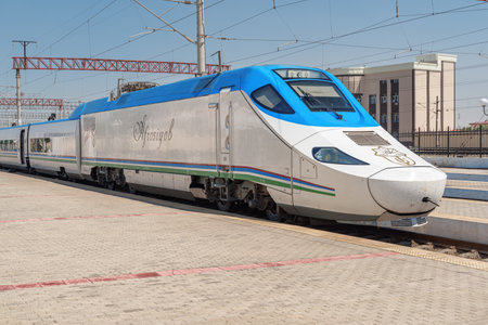 Bukhara, Uzbekistan - September 10, 2022: View of Afrosiyob train at Bukhara Railway Station in Uzbekistan.のeditorial素材
