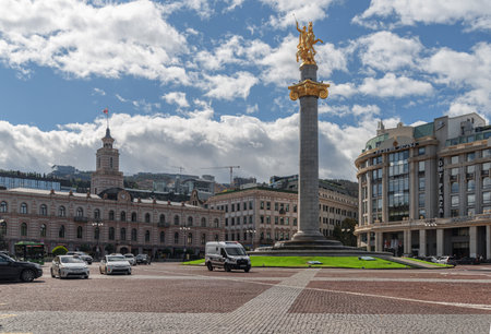 Tbilisi, Georgia - 10 October, 2022: Awesome view of Freedom Square (Liberty Square). The St. George Statue is visible on blue sky background.のeditorial素材