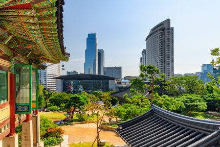 Seoul, South Korea - October 15, 2017: Awesome colorful view of Bongeunsa Temple at Gangnam District. Bongeunsa Temple is a popular tourist attraction of Asia.のeditorial素材