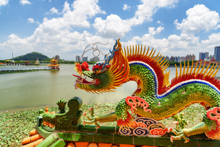 Kaohsiung, Taiwan - April 30, 2019: Colorful detail of the Dragon and Tiger Pagodas at Lotus Lake. Awesome dragon sculpture. The temple is a popular tourist attraction of Asia.のeditorial素材