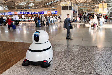 Seoul, South Korea - 16 October 2017: LG's airport cleaning robot in main hall of Incheon airport.のeditorial素材