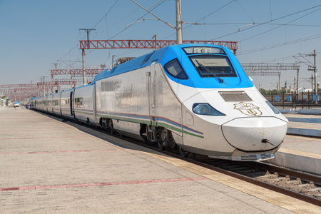 Bukhara, Uzbekistan - September 10, 2022: View of Afrosiyob train at Bukhara Railway Station in Uzbekistan.のeditorial素材