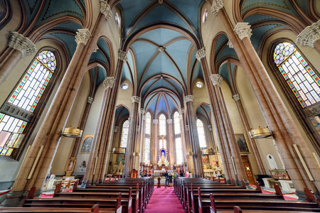 Istanbul, Turkey - September 17, 2021: Awesome interior of Church of St. Anthony of Padua on Istiklal Avenue. The basilica is a popular destination among pilgrims and tourists of the world.のeditorial素材