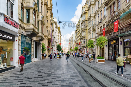 Istanbul, Turkey - September 15, 2021: View of Istiklal Avenue on sunny day. Tourists and residents walk along the pedestrian street.のeditorial素材