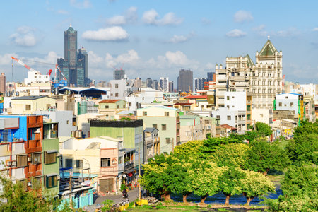 Kaohsiung, Taiwan - April 29, 2019: Awesome aerial view of Kaohsiung. 85 Sky Tower (Tuntex Sky Tower) is visible on blue sky background. The skyscraper is a landmark of Taiwan. Kaohsiung skyline.のeditorial素材