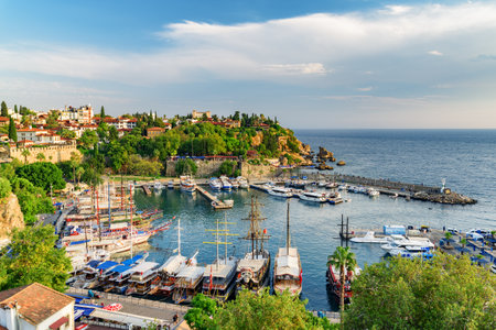 Antalya, Turkey - September 30, 2021: View of Old Antalya Marina in Kaleici. The Kaleici area is the historic city center and a popular tourist attraction in Turkey.のeditorial素材