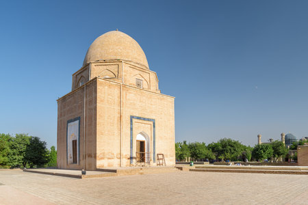 Awesome view of the Rukhabad Mausoleum in Samarkand, Uzbekistan. Exterior of tomb of Islamic theologian and mystic Sheikh Burhaneddin Sagaradzhi. The tomb built by order of Amir Timur.の写真素材