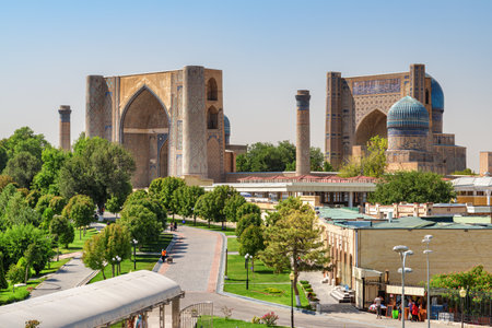 Awesome view of the Bibi-Khanym Mosque in Samarkand, Uzbekistan. The mosque is a popular tourist attraction of Central Asia.の写真素材