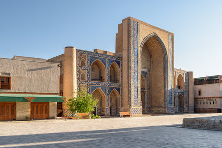 Awesome facade of the Abdulaziz Khan Madrasah in Bukhara, Uzbekistan. Bukhara is a popular tourist attraction of Central Asia.の写真素材