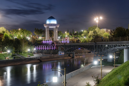 Evening view of rotunda at the Memorial Shakhidlar Hotirasi complex (Memories of victims of political repression) in Tashkent, Uzbekistan. Tashkent is a popular tourist destination of Central Asia.の写真素材