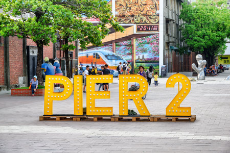 Kaohsiung, Taiwan - April 30, 2019: Awesome view of the Pier-2 Art Center. The Pier-2 is a popular cultural spot and tourist destination of Asia.のeditorial素材