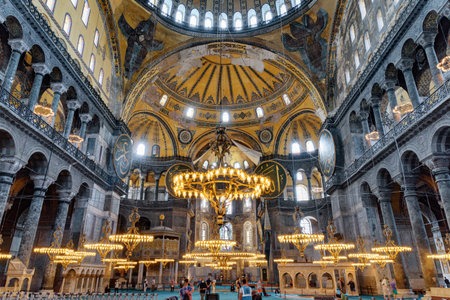 Istanbul, Turkey - September 14, 2021: Interior of the Hagia Sophia. The Grand Mosque and formerly the Church is a popular destination among pilgrims and tourists of Istanbul.のeditorial素材