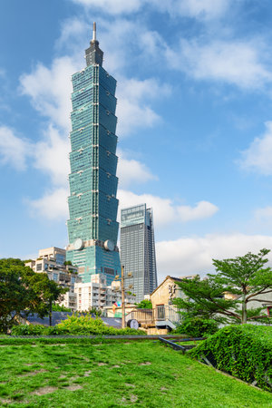 Taipei, Taiwan - April 26, 2019: Awesome view of Taipei 101 (Taipei World Financial Center) in downtown. The tower is a supertall skyscraper and a landmark of Taiwan. Amazing cityscape.のeditorial素材