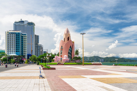 Nha Trang, Vietnam - August 14, 2020: Awesome view of Tram Huong Tower and April 2 Square. The central square is a popular tourist attraction of Asia. Amazing cityscape.のeditorial素材