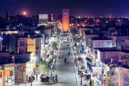 Yazd, Iran - 27 October, 2018: Aerial view of Masjed Jame Street in the historical city of Yazd. The ancient town is a popular tourist destination of the Middle East.のeditorial素材