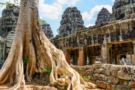 Mysterious ruins of Ta Prohm temple in ancient Angkor, Siem Reap, Cambodia. Angkor is a popular tourist attraction.の写真素材