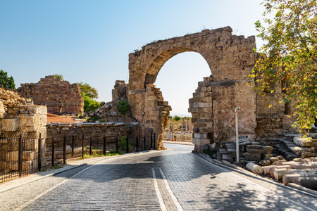 Awesome view of the Vespasian Gate in Side, Turkey. Amazing ruins of the ancient city are a popular tourist attraction of the world.の写真素材