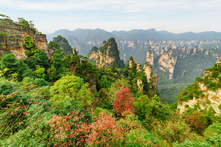 Fabulous view of natural quartz sandstone pillars of the Tianzi Mountains (Avatar Mountains) in the Zhangjiajie National Forest Park, Hunan Province, China. Awesome landscape.の写真素材