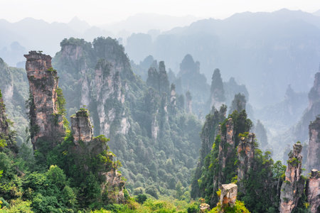 Awesome view of natural quartz sandstone pillars of the Tianzi Mountains (Avatar Mountains) in the Zhangjiajie National Forest Park, Hunan Province, China. Fabulous landscape.の写真素材