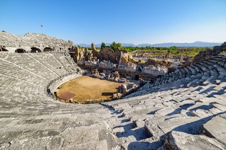 View of the ancient theatre in Side, Turkey. Side is a popular tourist destination in Turkey.の写真素材