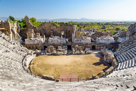 View of the ancient theatre in Side, Turkey. Side is a popular tourist destination in Turkey.の写真素材