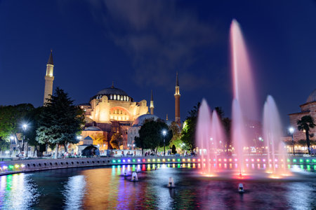 Night view of Fountain at Sultanahmet Square and the Hagia Sophia in Istanbul, Turkey. The Sultanahmet Square is a popular tourist attraction of Istanbul.の写真素材