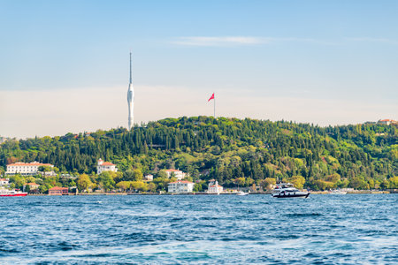 View of the Bosporus in Istanbul, Turkey. The Camlica Tower is visible in background. Istanbul is a popular tourist destination in the world.の写真素材