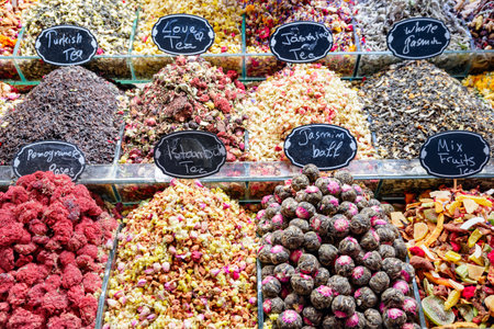 Tea mixtures and dried flower buds at the Grand Bazaar in Istanbul, Turkey. The historical market is a popular tourist destination and one of oldest markets in the world.の写真素材