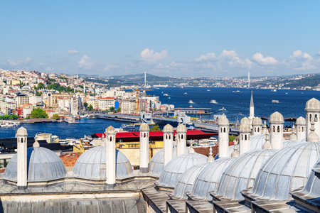 Unusual Istanbul skyline, Turkey. Awesome aerial view of the Bosporus. The Bosphorus Bridge is visible in background. Istanbul is a popular tourist destination in the world.の写真素材