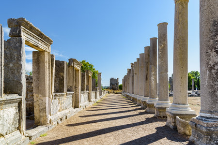 Scenic ruins of the agora in Perge (Perga) at Antalya Province, Turkey. Awesome view of the ancient Greek city. Perge is a popular tourist destination in Turkey.の写真素材