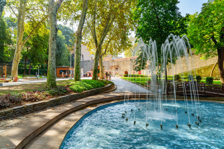 Scenic fountain at Gulhane Park in Istanbul, Turkey. The oldest park in Istanbul was once part of the outer garden of Topkapi Palace. The garden is a popular place among tourists and residents.の写真素材