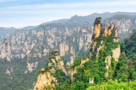 Awesome view of natural quartz sandstone pillars of the Tianzi Mountains (Avatar Mountains) in the Zhangjiajie National Forest Park, Hunan Province, China. Fabulous landscape.の写真素材