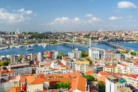 Aerial view of the Golden Horn in Istanbul, Turkey. Amazing city view from the Galata Tower. Istanbul is a popular tourist destination in the world.の写真素材