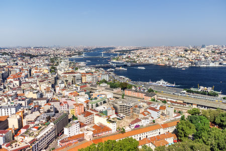 Awesome aerial view of the Golden Horn in Istanbul, Turkey. Drone flying over the city. Amazing cityscape. Istanbul is a popular tourist destination in the world.の写真素材