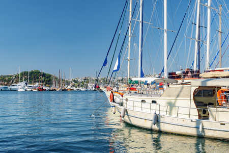 Scenic view of yachts moored in Milta Bodrum Marina. The port city is a popular tourist destination in the Turkish Riviera.の写真素材