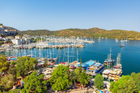 Aerial view of Fethiye Marina in Turkey. Fethiye is a popular tourist destination in the Turkish Riviera.の写真素材