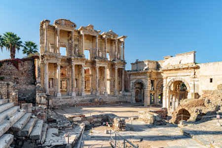 Awesome view of the Gate of Augustus and the Library of Celsus in Ephesus (Efes). Ruins of the ancient Greek city in Selcuk, Izmir Province, Turkey. Ephesus is a popular tourist attraction in Turkey.の写真素材