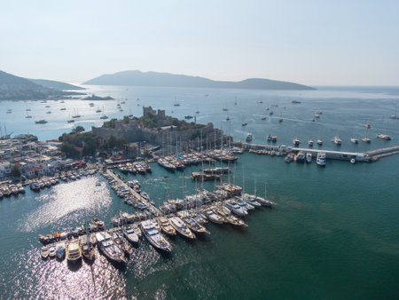 Awesome aerial view of Bodrum Marina and Bodrum Castle in Turkey. The port city is a popular tourist destination in the Turkish Riviera.の写真素材