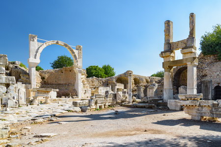 View of ruins in Ephesus (Efes). Scenic ruins of the ancient Greek city in Selcuk, Izmir Province, Turkey. Ephesus is a popular tourist attraction in Turkey.の写真素材