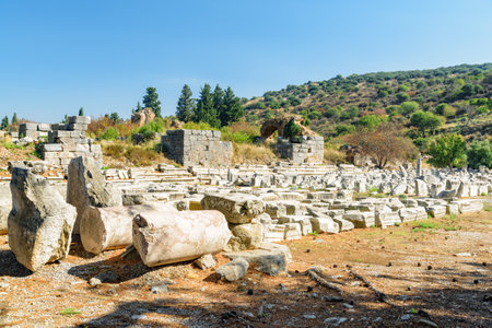 View of ruins in Ephesus (Efes). Scenic ruins of the ancient Greek city in Selcuk, Izmir Province, Turkey. Ephesus is a popular tourist attraction in Turkey.の写真素材