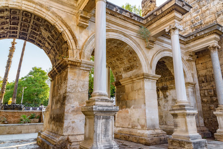Awesome view of Hadrian's Gate (Uckapilar) in Kaleici of Antalya, Turkey. The Kaleici area is the historic city center and a popular tourist attraction in Turkey.の写真素材