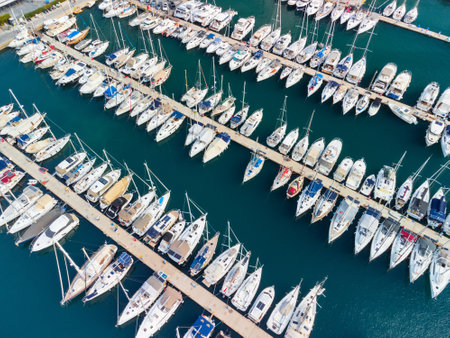Aerial view of rows of yachts in Marmaris Marina, Turkey. The port city is a popular tourist destination in the Turkish Riviera.の写真素材