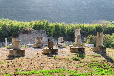 View of ruins in Ephesus (Efes). Scenic ruins of the ancient Greek city in Selcuk, Izmir Province, Turkey. Ephesus is a popular tourist attraction in Turkey.の写真素材