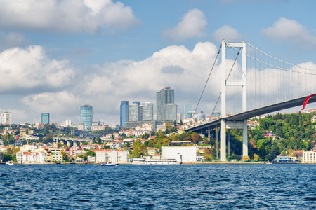 View of the Bosphorus Bridge (the 15 July Martyrs Bridge) connecting Europe to Asia. Istanbul skyline. The city is a popular tourist destination in the world.の写真素材