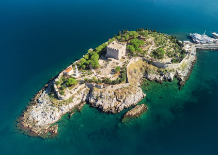 Aerial view of Guvercinada Island (Pigeon Island) with scenic castle at Kusadasi, Turkey. The large resort town is a popular tourist destination in Turkey.の写真素材
