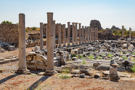 Awesome ruins of the commercial agora in Side, Turkey. Amazing view of the ancient city. Side is a popular tourist destination in Turkey.の写真素材