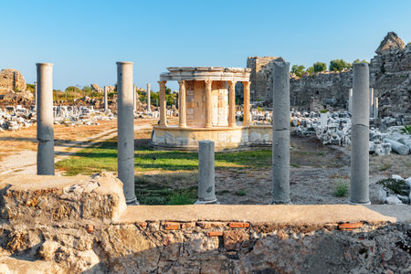 Awesome ruins of the commercial agora in Side, Turkey. Amazing view of the ancient city. Side is a popular tourist destination in Turkey.の写真素材